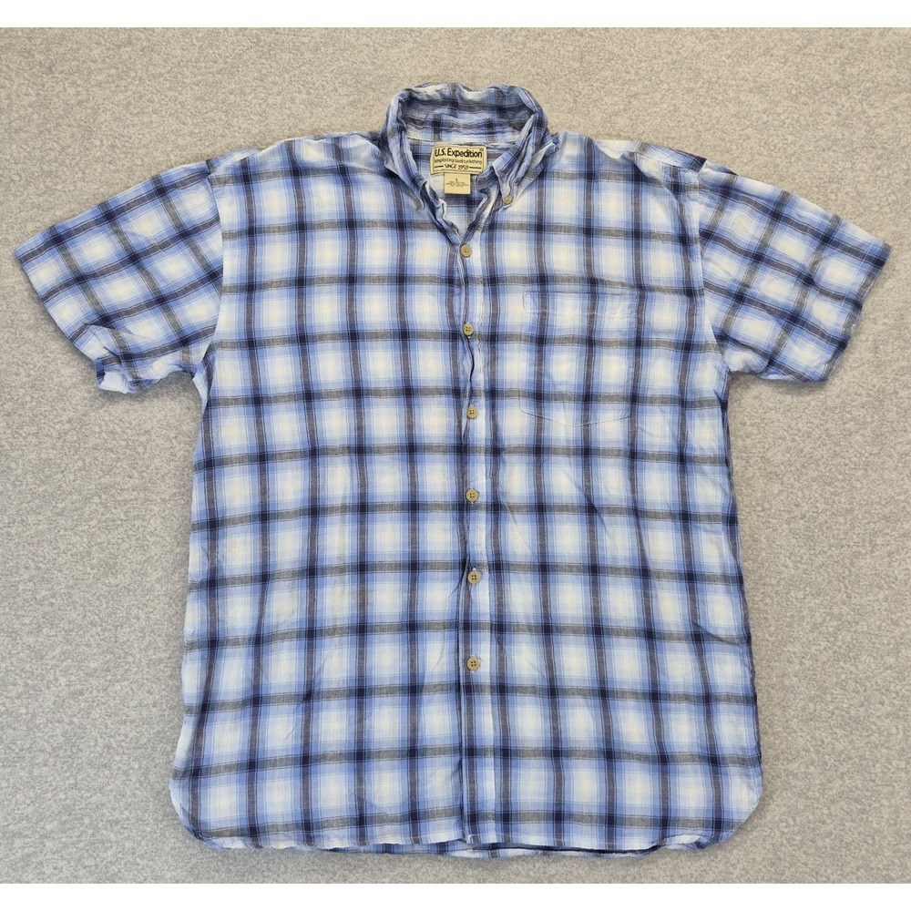 US Expedition Men's L Short Sleeve Button Down Shirt Blue White Plaid Outdoor